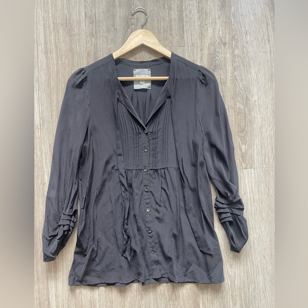 Anthropologie 100% Silk Blouse Odille | Charcoal | Pleated Front | Size 2